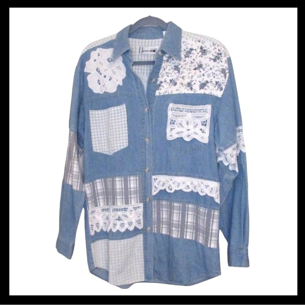 C Junction Blue Denim And Lace Vintage Button Down Shirt